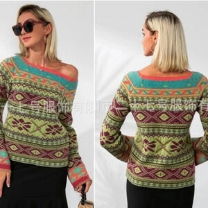Colorful Geometric Off-the-Shoulder Sweater
